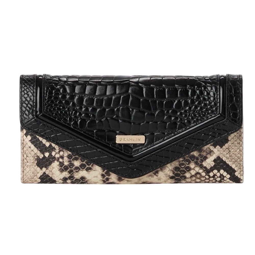Brahmin Ady Wallet Black Croc and Snake Embossed Leather Slim Tri-fold Wallet